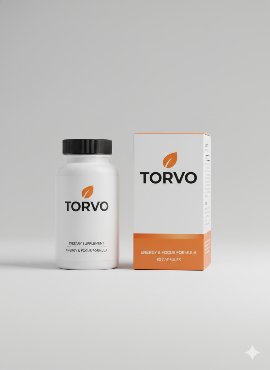 Torvo food supplement bottle and folding carton photographed on a plain background